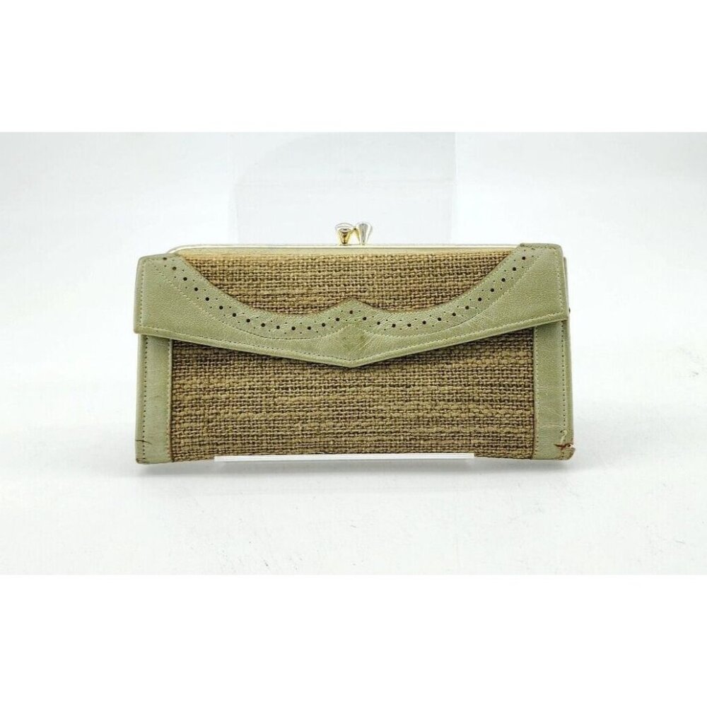 Vtg Princess Gardner Green Cowhide Leather/Woven Long Wallet Kisslock Coin Purse
